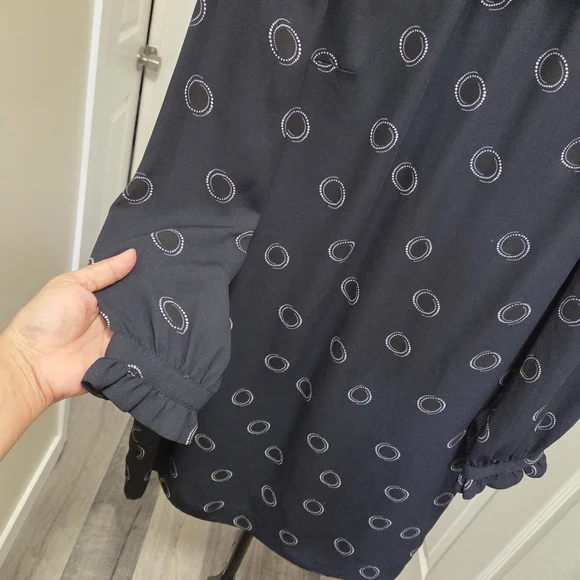 Hobbs Black Dotted Dress | Elegant Shift Midi | Ruffle Sleeve - Picture 3 of 8